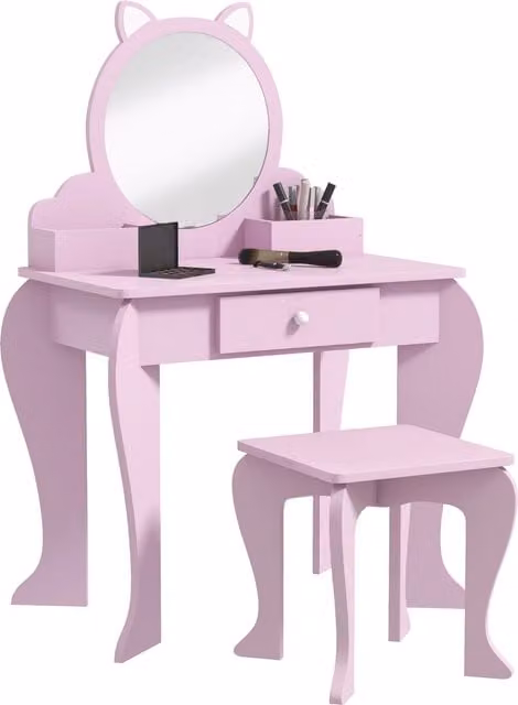 ZONEKIZ Children's Cat Theme Vanity Set with Mirror, Stool and Organiser Boxes, Pink – 1