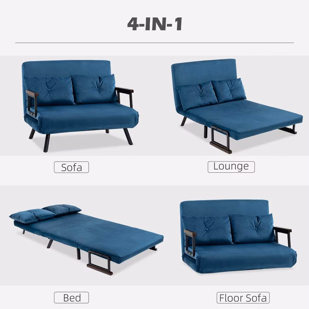 STILVORA 4-in-1 Blue Velvet Double Sofa Bed with Scatter Cushions, W/D/H: 140 x 200 cm – 4
