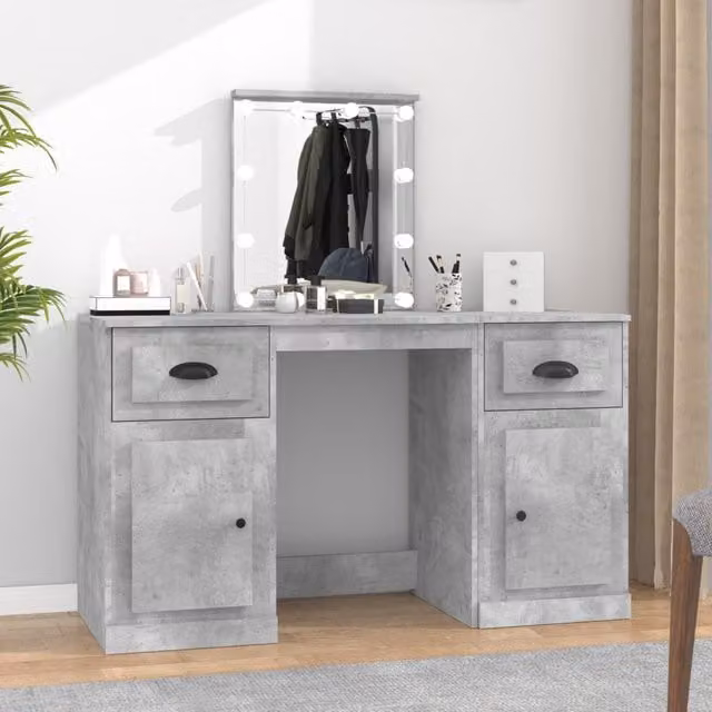 Berkfield Home Modern Hollywood LED Dressing Table in Concrete Grey, W/D/H: 130 x 50 x 132.5 cm