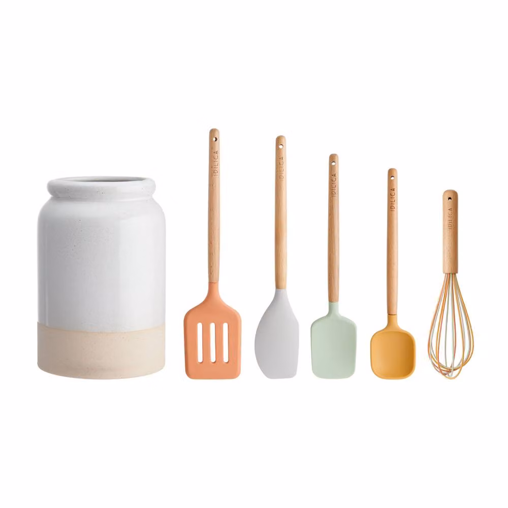 KitchenCraft Idilica Heat Resistant Non-Scratch Silicone and Wood Kitchen Tools and Holder Set in Beige – 2