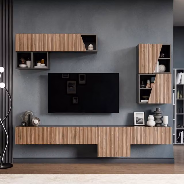 Decorotika Kotor Modern Wall Mounted Entertainment Center in Black and Brown with Geometric Alina Pattern