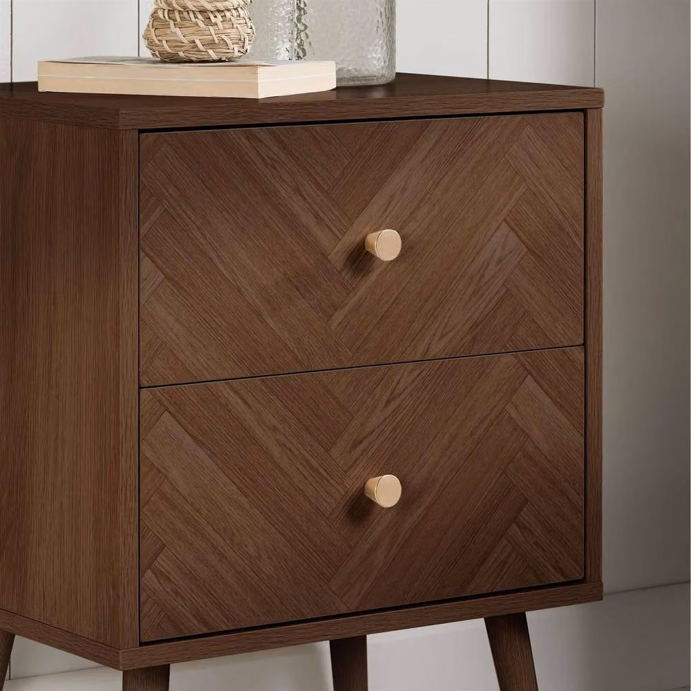 Birlea Herringford 2 Drawer Bedside Table in Brown Walnut with Geometric Chevron Parquet Design – 2