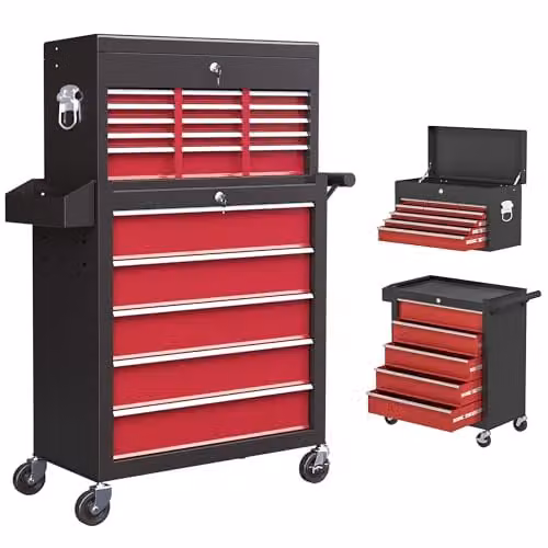 HOMCOM 2 in 1 Rolling Tool Cabinet with 14 Drawers, Pegboard and Lockable Top in Red