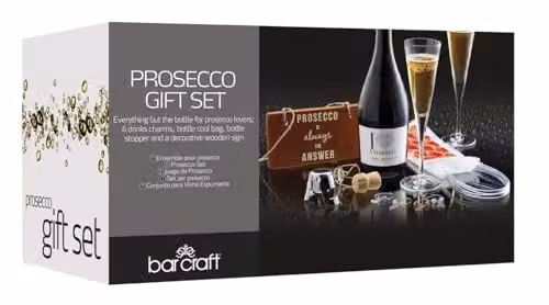 BarCraft 9-Piece Prosecco Gift Set with Wine Glass Charms, Cool Bag, Stopper and Wooden Sign in Transparent and Multicolour – 3