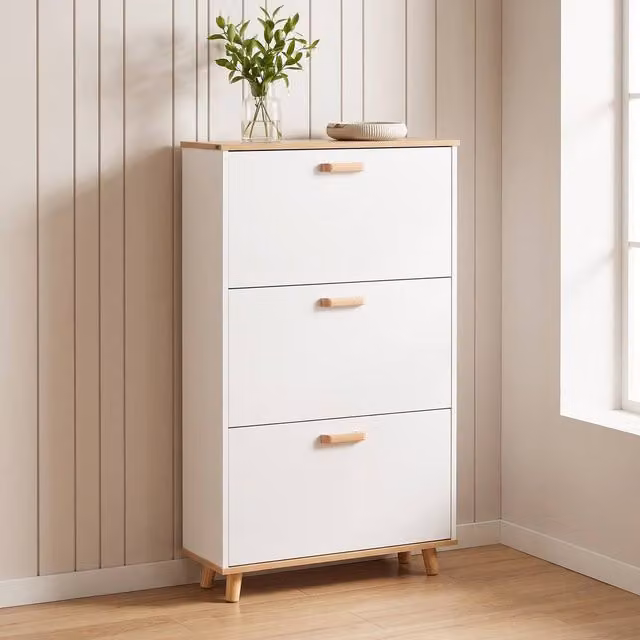 STILVORA White Shoe Cabinet with 3 Tilting Compartments and Internal Shelves, W/D/H: 122 x 23.5 x 70 cm – 1