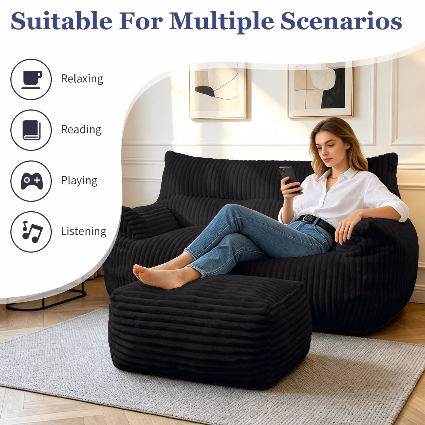Aosom UK Oversized 2-Seater Corduroy Sofa with Matching Ottoman, Black, W/D/H: 135 x 100 x 75 cm – 3
