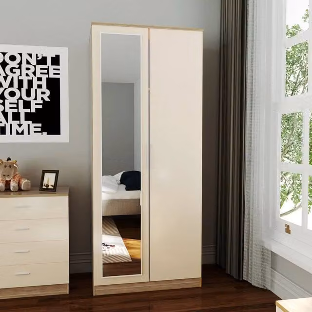 FLAVORA Modern High Gloss 2 Door Bedroom Wardrobe in Beige and White – 1