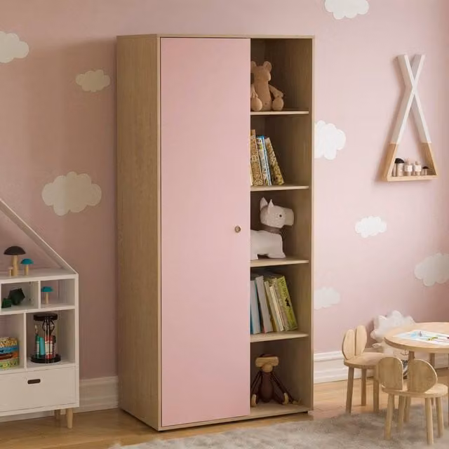 HD Designs Neptune 1 Door Pink Wardrobe with Internal Shelves and Hanging Rod for Childrens Bedrooms – 1
