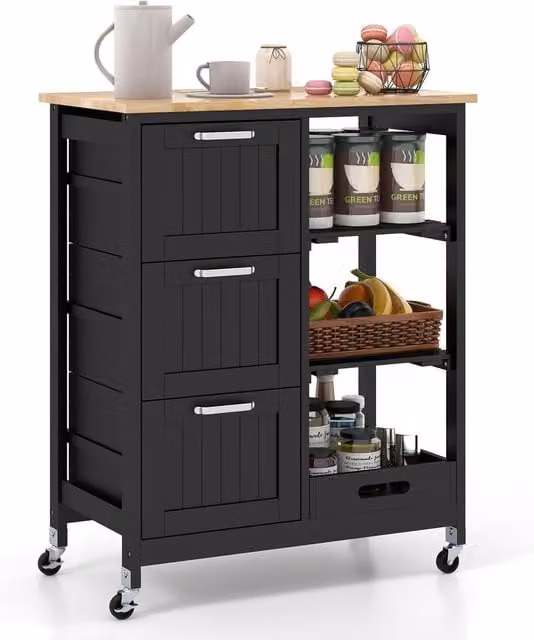 Gymax Black Rolling Kitchen Island Utility Cart with Lockable Wheels and Wood Top – 1
