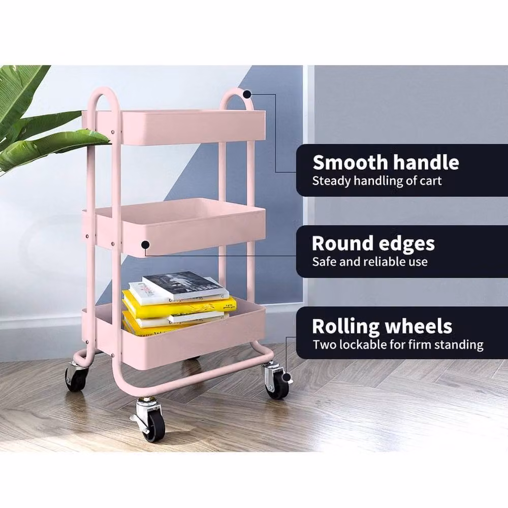 KORVIXA 3 Tier Metal Kitchen Trolley Cart in Pink – 2