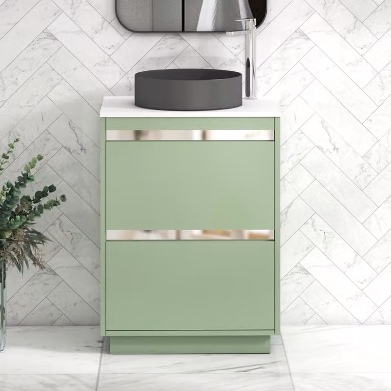 Royal Bathrooms Orion 600mm Mint Sage Floor Standing 2 Drawer Vanity Unit with White Art Round Basin and Chrome Trim