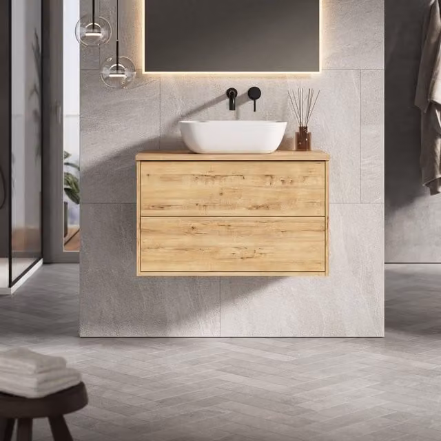 Banyetti Venti 800mm Wall Hung Vanity Unit with Matching Worktop in Ostippo Light Oak