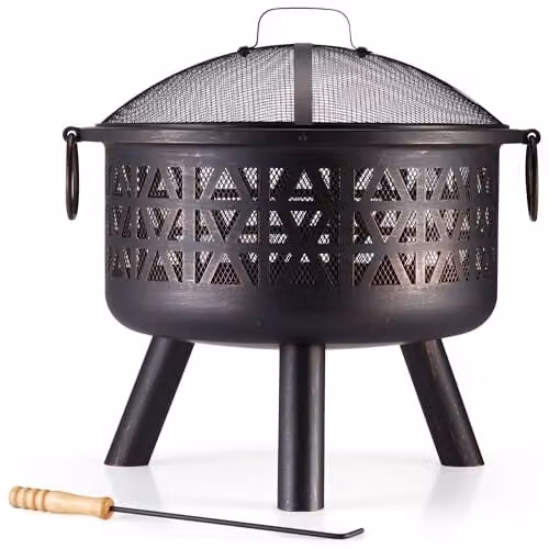 VonHaus Geometric Steel Fire Pit in Brown Bronze with Fire Poker and Mesh Guard, W/D/H: 55 x 55 x 55 cm