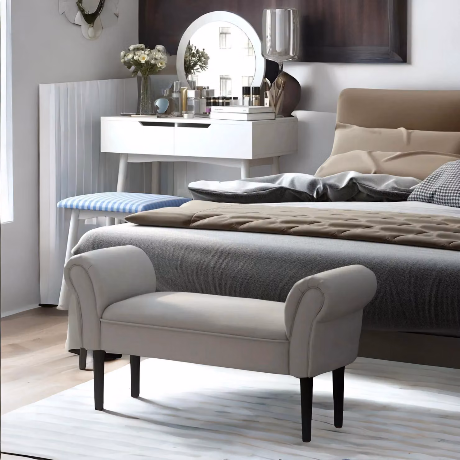 FURNOS Grey Fabric Wooden Chaise Lounge Bed End Bench with Armrests W/D/H: 130 x 51 x 36 cm – 2