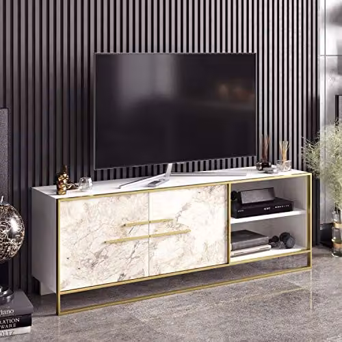 Decorotika Polka Industrial TV Unit in White Marble Effect and Gold, W/D/H: 160 x 56.6 x 26 cm