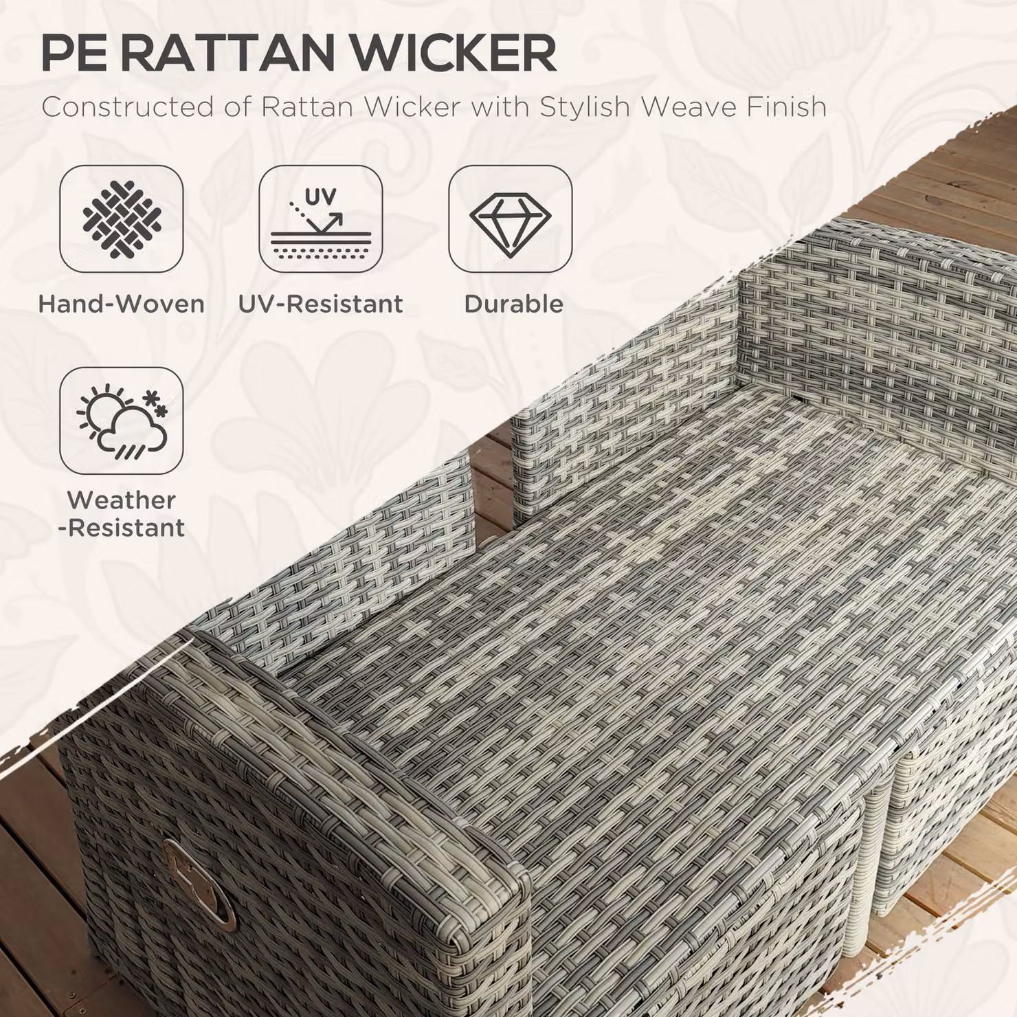 Outsunny 4 Piece Rattan Garden Furniture Set with Upholstered Cushions and Glass Top Coffee Table in Grey – 4