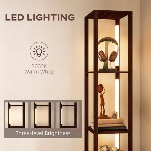 HOMCOM Dimmable LED Floor Lamp with Shelves and Fabric Drawer in Brown – 4