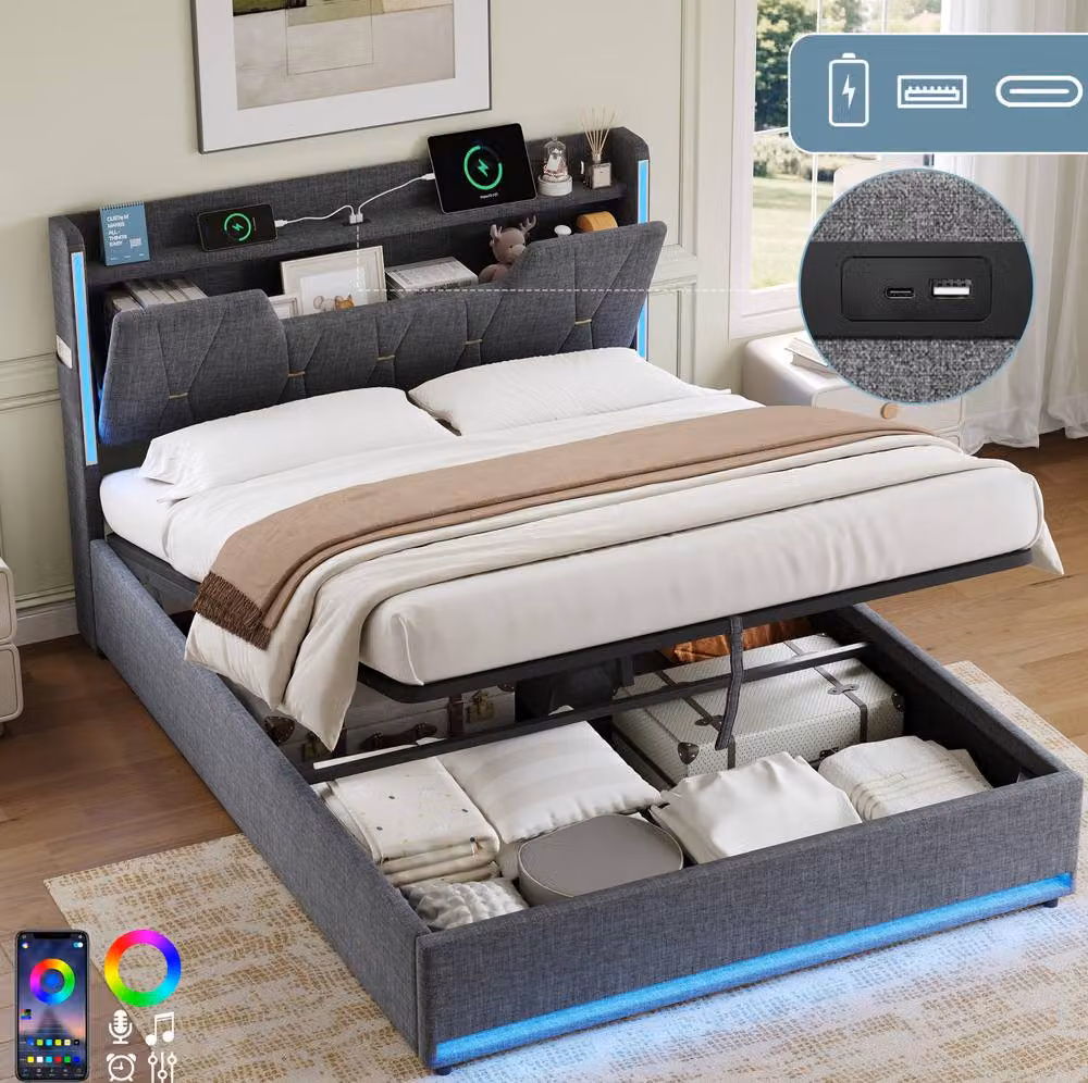 STILVORA Grey Upholstered Double Bed Frame with Lift-Up Storage, LED Under-Bed Lighting and USB Charging Port, W/D/H: 140 x 200 x 110 cm – 2