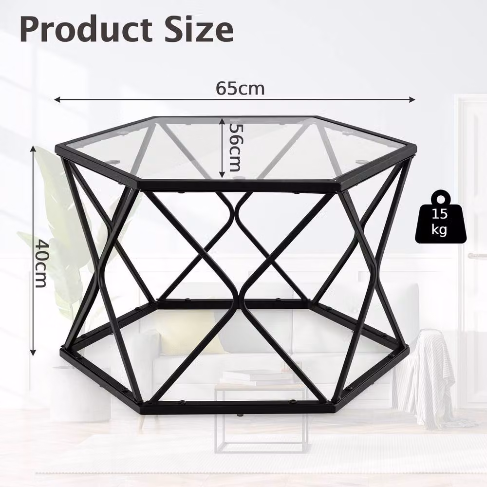 Costway Geometric Hexagonal Coffee Table and End Table with Tempered Glass Top and Metal X-Frame in Black – 2