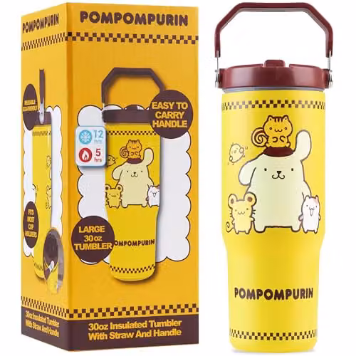 Get Trend Sanrio Pompompurin Insulated Stainless Steel Tumbler with Straw and Handle, Yellow, 850ml