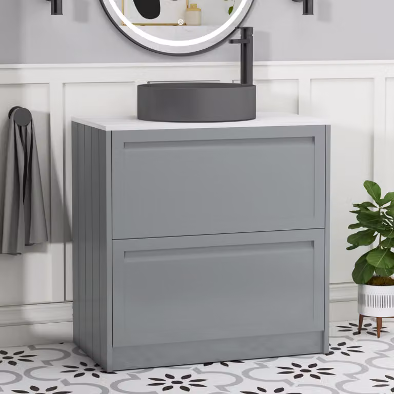 Royal Bathrooms Elmore Floor Standing Countertop Vanity Unit with 2 Drawers and Art Round Basin in Matt Pebble Grey