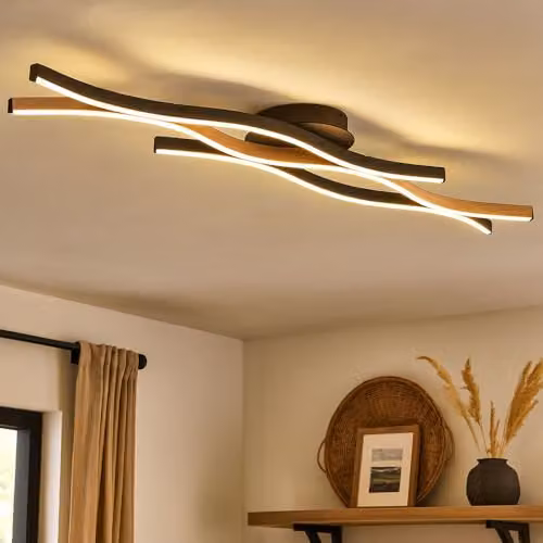 Globo Lighting Geronimo Modern Semi Flush Ceiling Light in Black and Wood with 3x 3000K Warm White LED Bulbs Included – 2