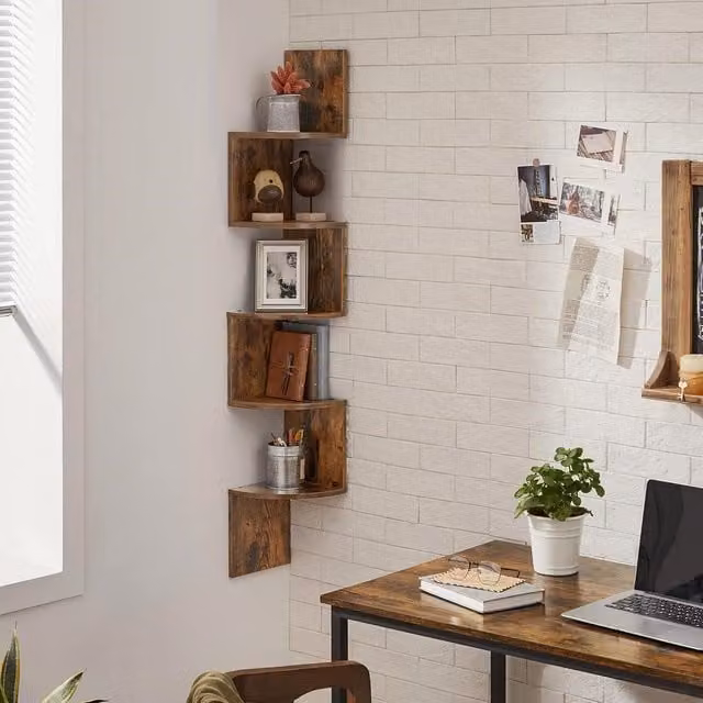 VASAGLE 5 Tier Industrial Style Corner Wall Mounted Display Shelf in Brown – 1