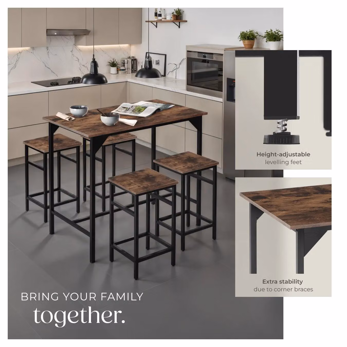 tectake Edinburgh Dining Table and 4 Bar Stools Set in Brown – 3