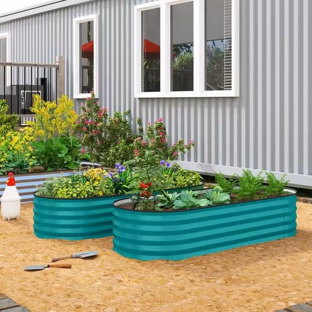 OUTSUNNY Set of 2 Green Galvanised Steel Raised Garden Beds with Metal Plant Stakes, W/D/H: 60 x 30 x 60 cm