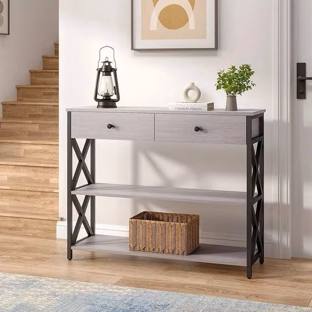 EONLION Grey Console Table with Drawer and X-Frame Design, Width: 100 cm – 1