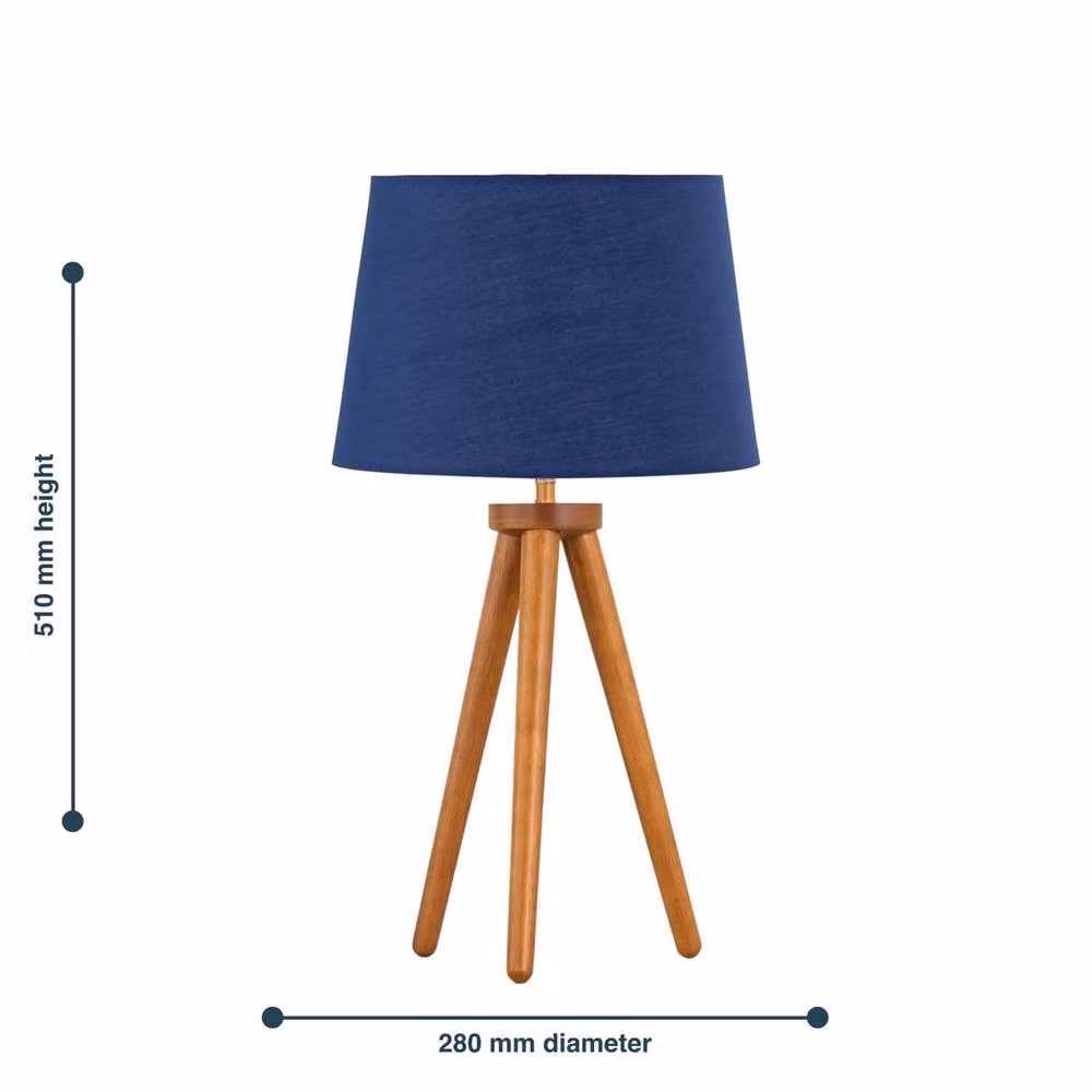 First Choice Lighting Voyage Table Lamp with Navy Blue Fabric Shade and Brown Wood Base – 3