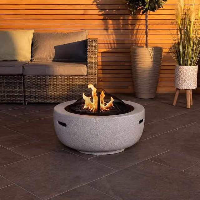 Charles Bentley Magnesia Fire Bowl with Mesh Cover and Cooking Grill in Beige – 1
