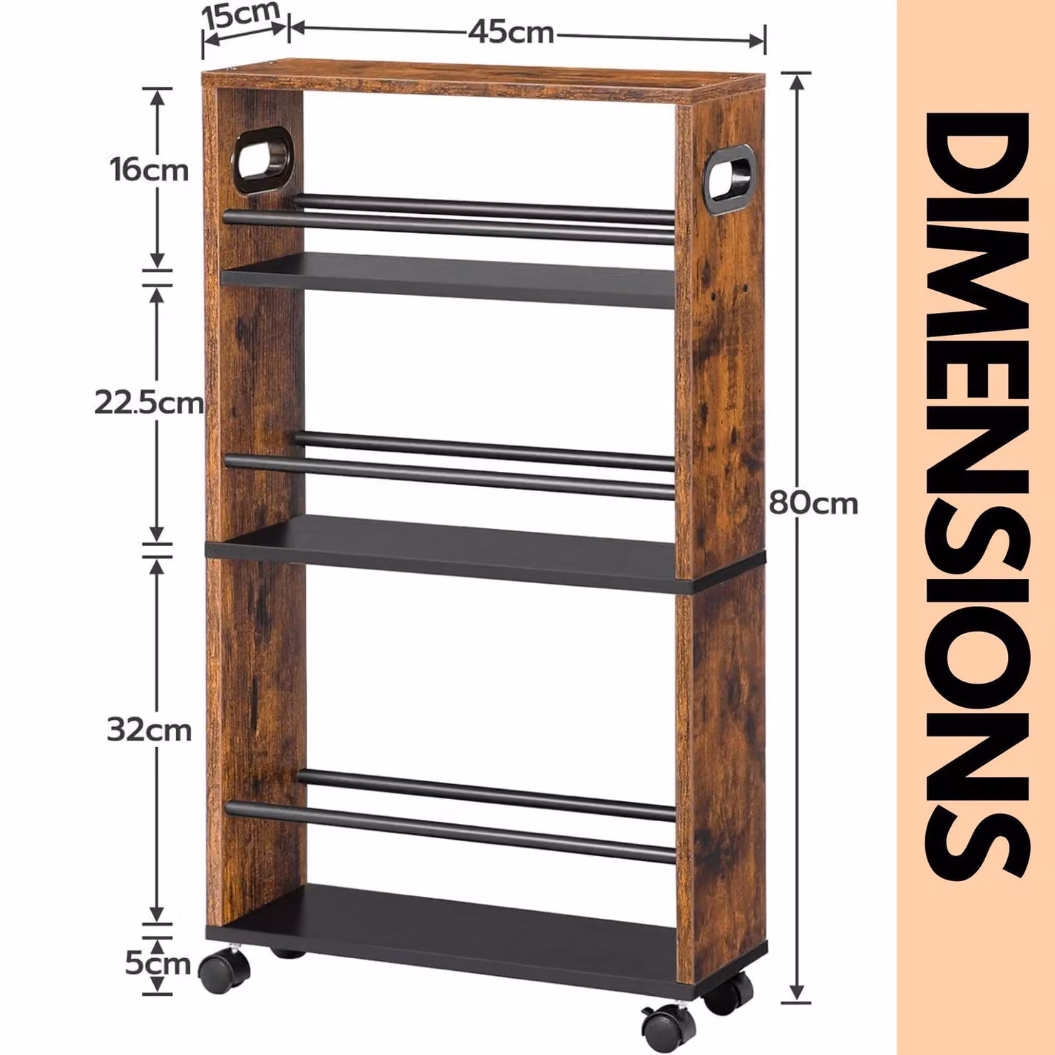 Rafaelo Mobilia 4-Tier Rolling Utility Cart with Handle in Brown, W/D/H: 45 x 15 x 80 cm – 3