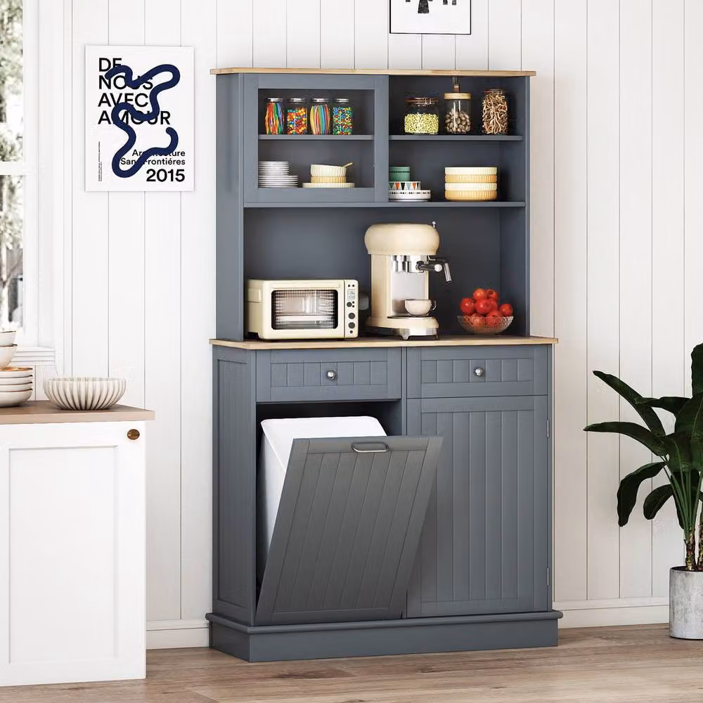 Costway Double Tilt Out Trash Cabinet with Hutch Kitchen Pantry Storage Cabinet in Grey – 3