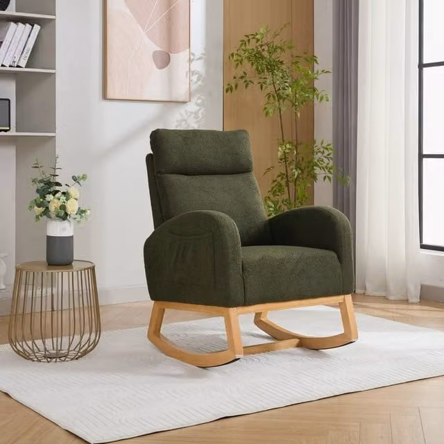 Direct Wicker Mid Century Modern Teddy Bouclé Fabric Upholstered Rocking Chair in Green – 1