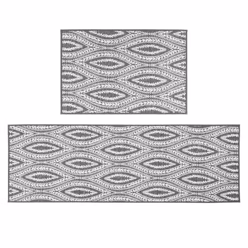 JVL Harmony Eyes Machine Washable Non-Slip Entrance Doormat and Runner Set in Grey and White