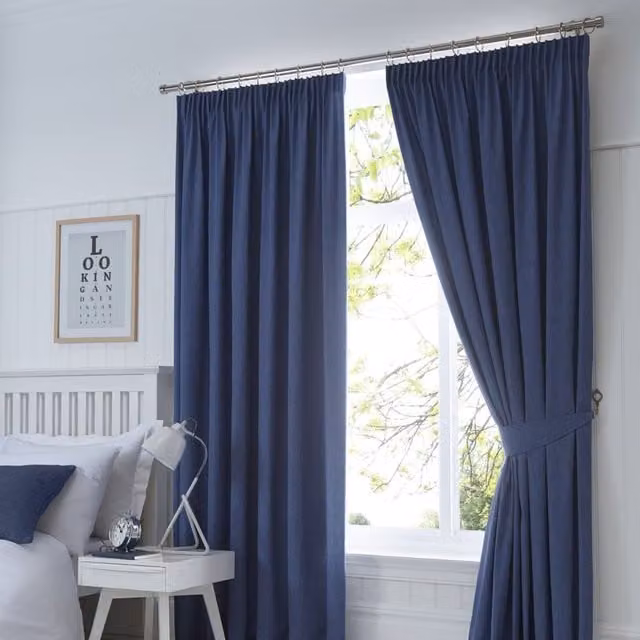 Terrys Fusion Dijon Blackout Ready Made Pencil Pleat Curtains, Navy Blue, Thermal Insulating
