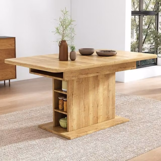 BTM Extendable Rectangular Dining Table in Natural Wood and Metal with Storage
