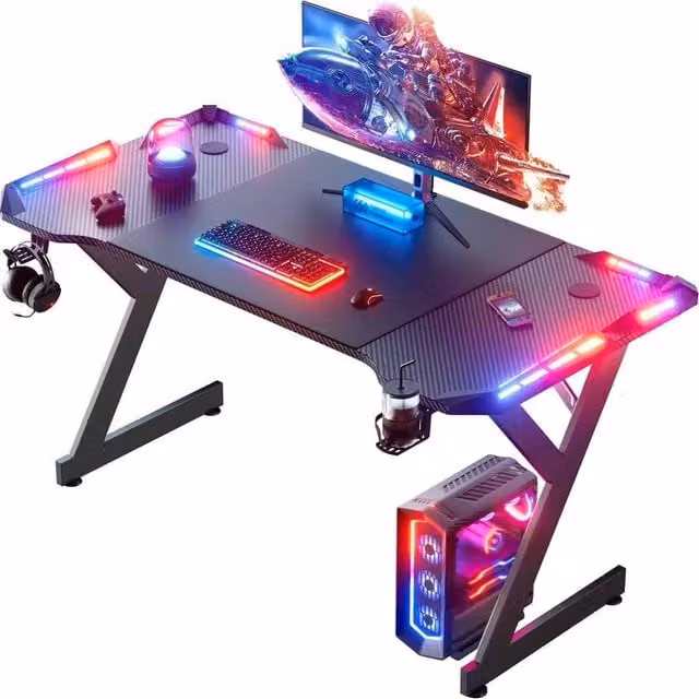 FLAVORA Black Gaming Desk with LED RGB, W: 140 cm, D: 60 cm – 1
