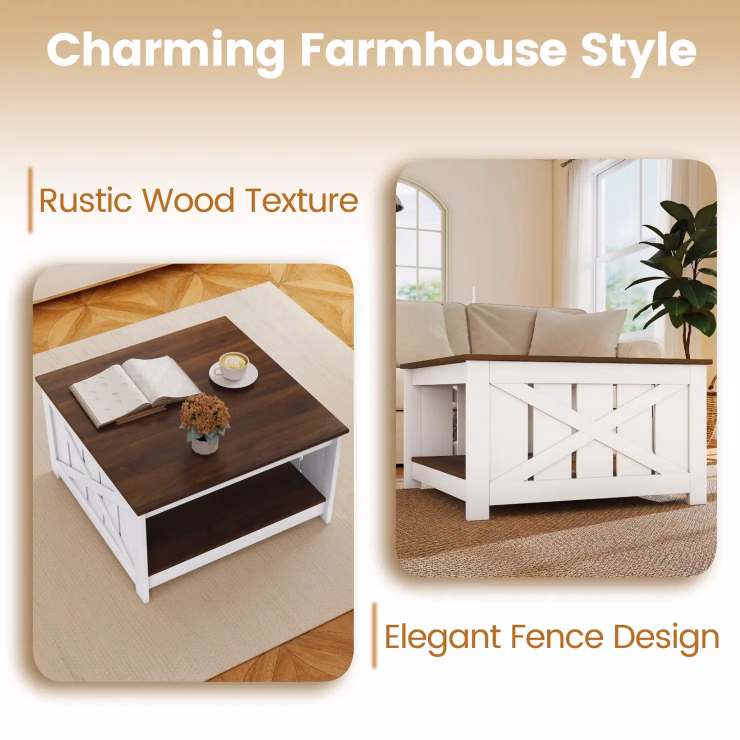Costway Rustic Farmhouse Square Coffee Table with Storage Shelf and X-Frame Design in Multicolour – 5