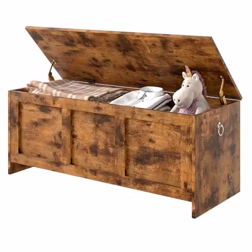 Levede Rustic Brown Wooden Storage Bench and Shoe Rack with Striped Synthetic Leather Seat, W/D/H: 100 x 40 x 41 cm