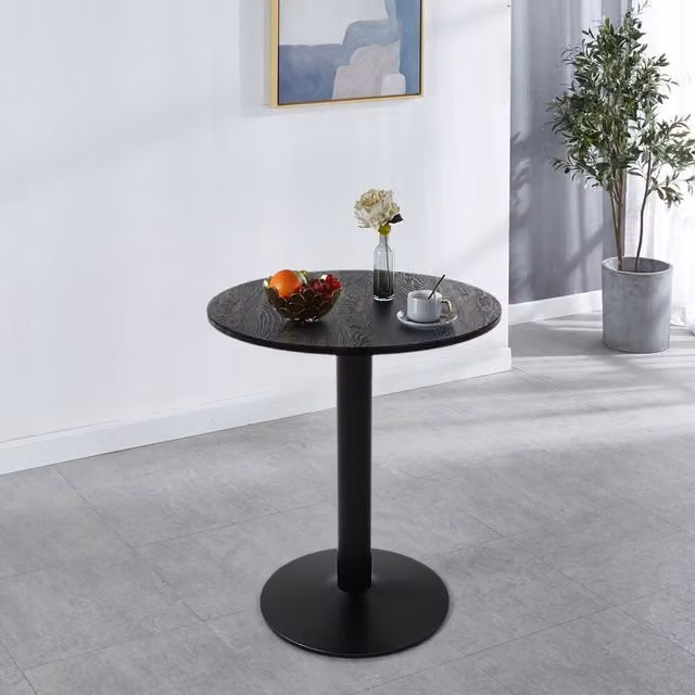 Livingandhome Modern Round Cafe Table with Matt Black MDF Laminate Top and Metal Central Column Base