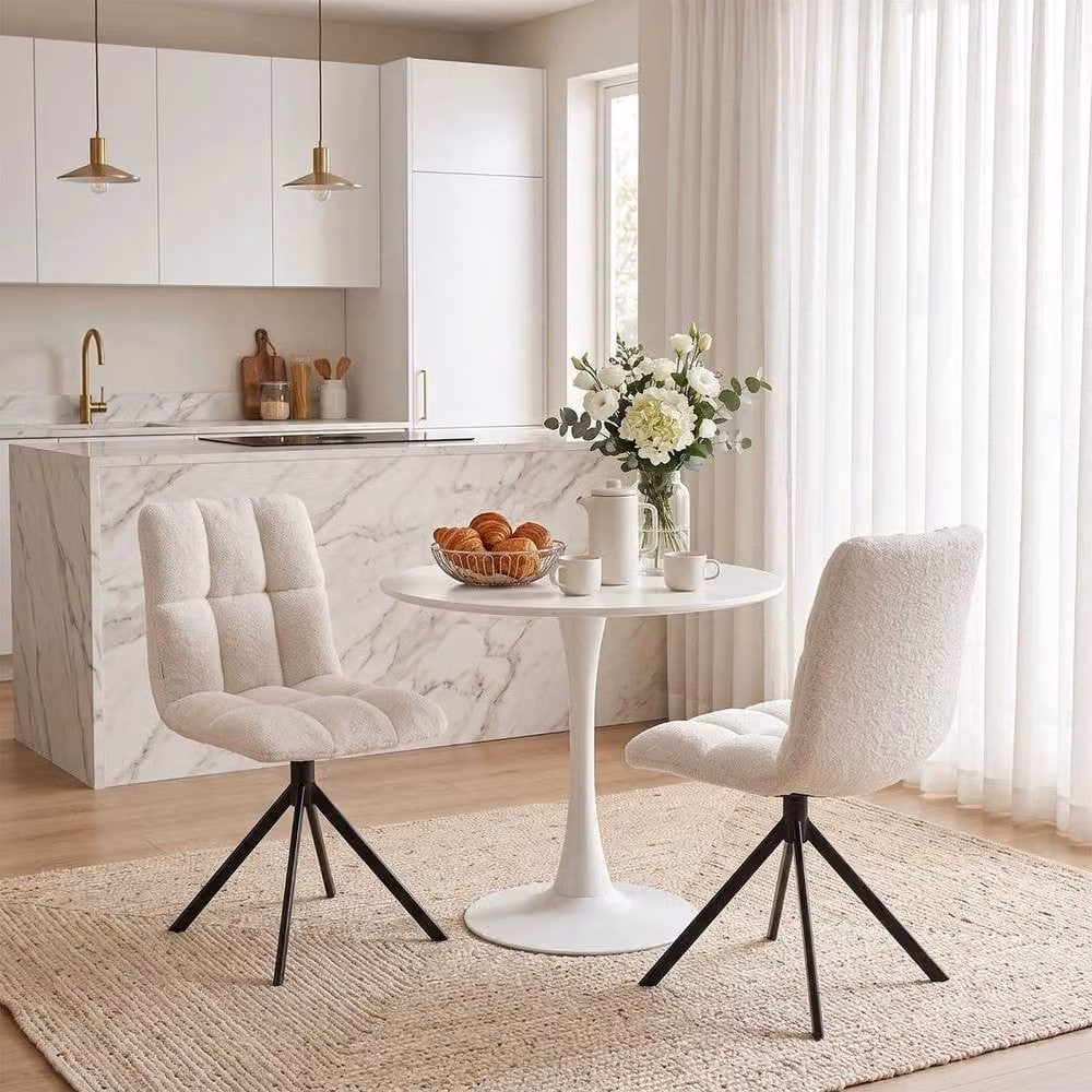 KORVIXA Set of 2 White Bouclé Swivel Makeup and Task Chairs with Soft Cushions and Metal Base – 2