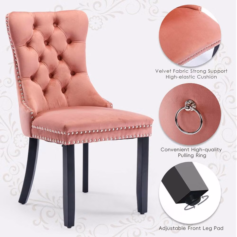 HomeTouch Romsey Set of 6 Pink Velvet Upholstered Dining Chairs with Oak Legs and Knocker Ring Back – 4