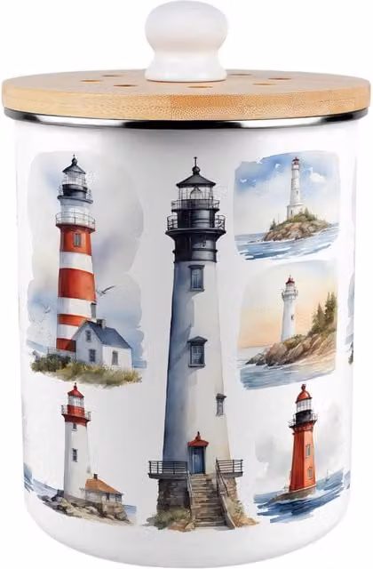 Purely Home Painted Lighthouses Food Waste Caddy, 2L, White and Multicolour
