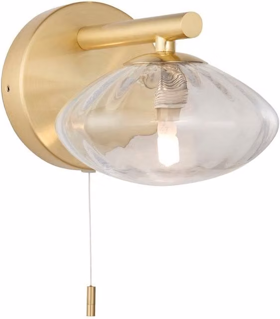 Loops Satin Brass Bathroom Wall Light with Ribbed Transparent Glass Shade, IP44 Rated Modern Sconce in Gold/Brass