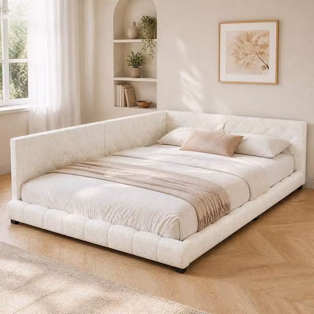 STILVORA Modern Double Bed Frame with Beige Boucle Upholstery and USB Charging Port, W: 140 cm, D: 200 cm, H: 135 cm