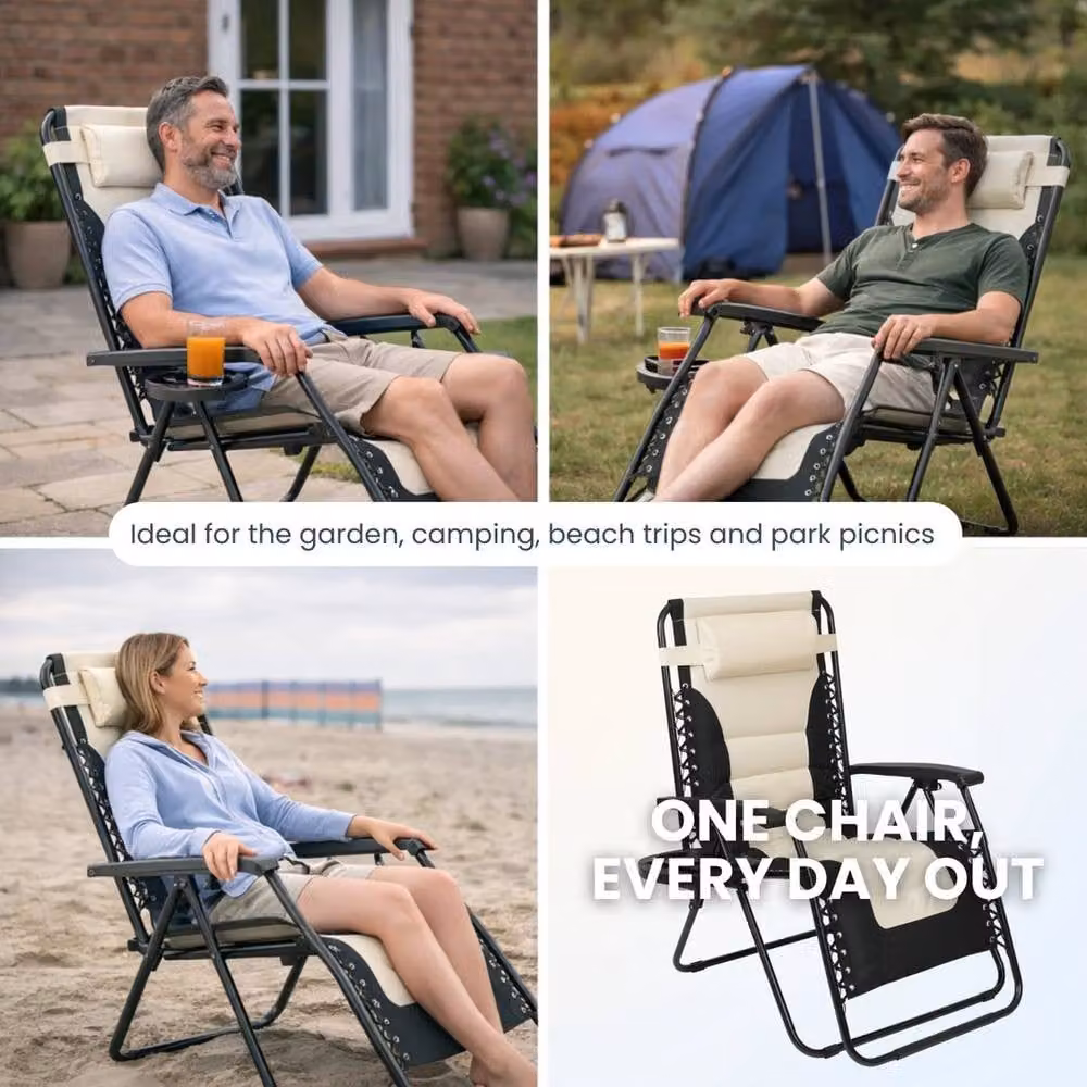 EONLION Set of 2 XXL Zero Gravity Garden Chairs in Black with Adjustable Headrest and Foldable Design – 3