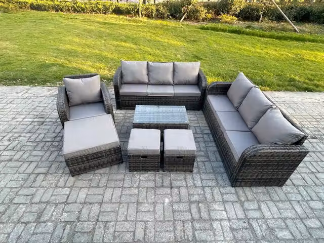 Fimous 10 Seater Rattan Garden Furniture Set in Dark Grey with Coffee Table, 3 Seater Sofa, and 3 Footstools