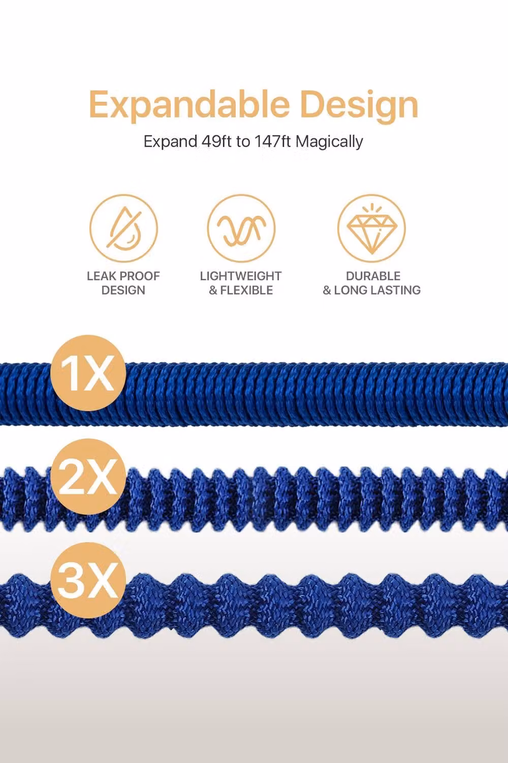 Living and Home Expandable Garden Hose with Solid Brass Fittings in Blue, Size XL – 3